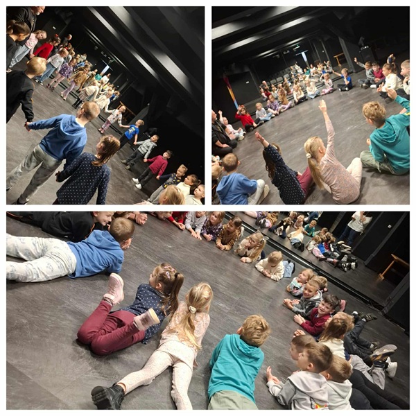 Kolaż 3 zdjęć, na których dzieci bawią się na warsztatach teatralnych, zabawy w kole.