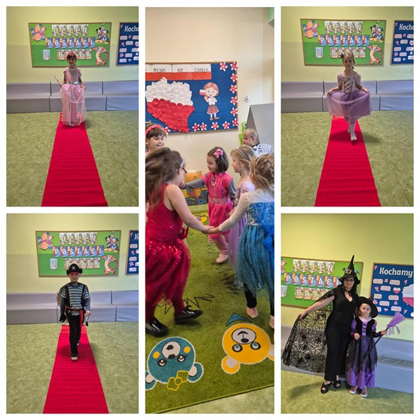 Kolaż 5 zdjęć, dzieci w przebraniach postaci z bajek spacerują po czerwonym dywanie, na jednym zdjęciu dzieci tańczą.