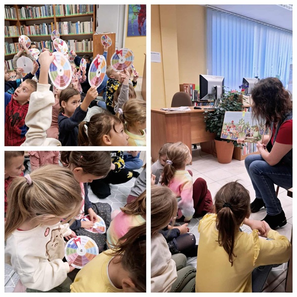 kolaż, dzieci w bibliotece posługują się uczuciometrami, słuchają książki „Uczuciometr Inspektora Krokodyla”.