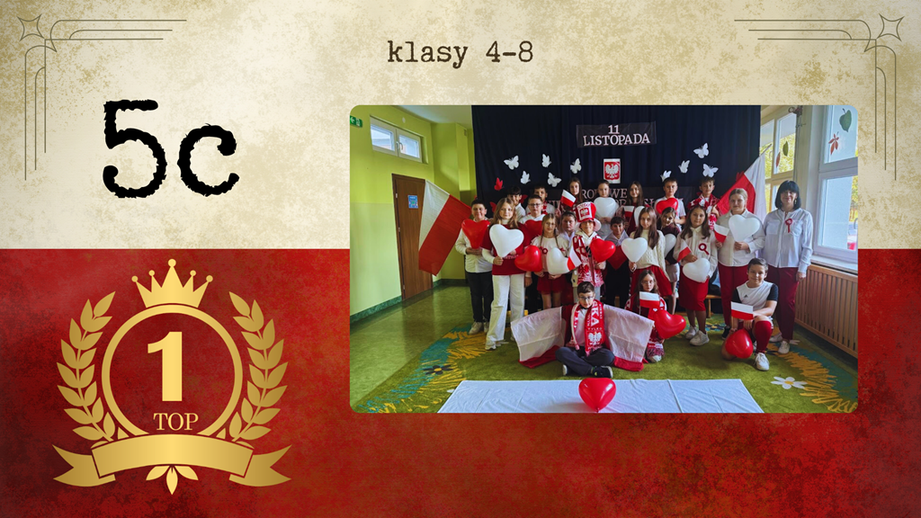 grupa najmłodszych uczniów w biało-czerwonych strojach prezentuje patriotyczne prace i trzyma polskie flagi.