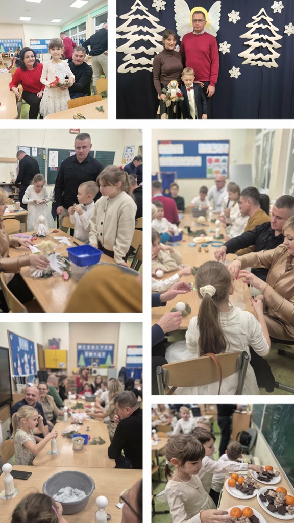 dzieci wraz ze swoimi rodzinami wykonują ozdobnego anioła