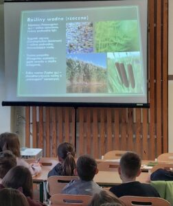 uczniowie przyglądają się roślinom rzecznym