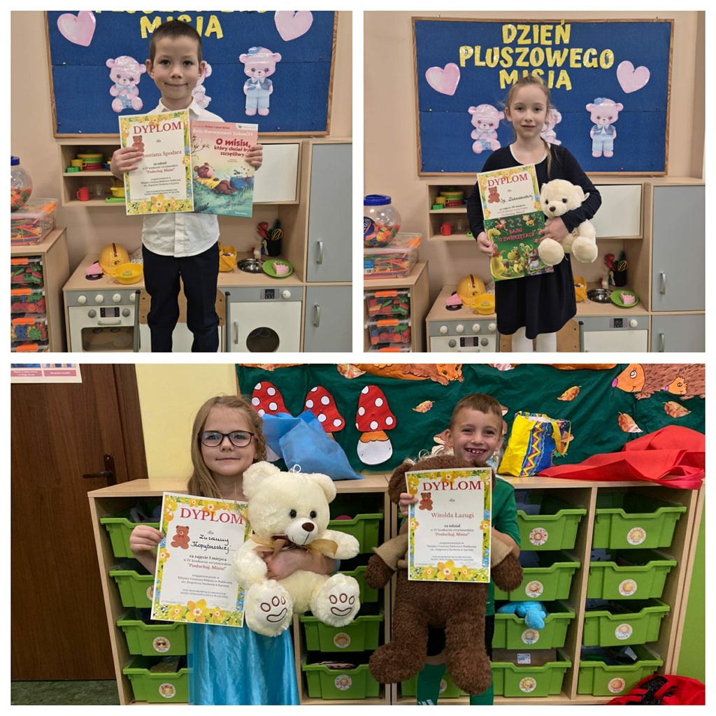 Kolaż zdjęć, dzieci, które brały udział w konkursie, trzymają w dłoniach swoje nagrody oraz dyplomy.