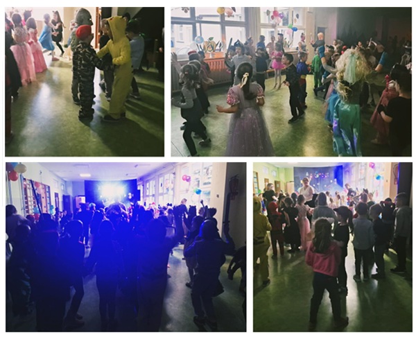 Kolaż czterech zdjęć, dzieci podczas tańców na balu andrzejkowym.