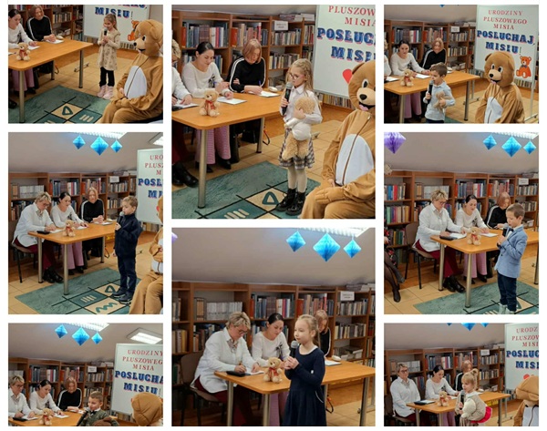 Kolaż zdjęć. Uczniowie reprezentujący oddział przedszkolny na konkursie recytatorskim