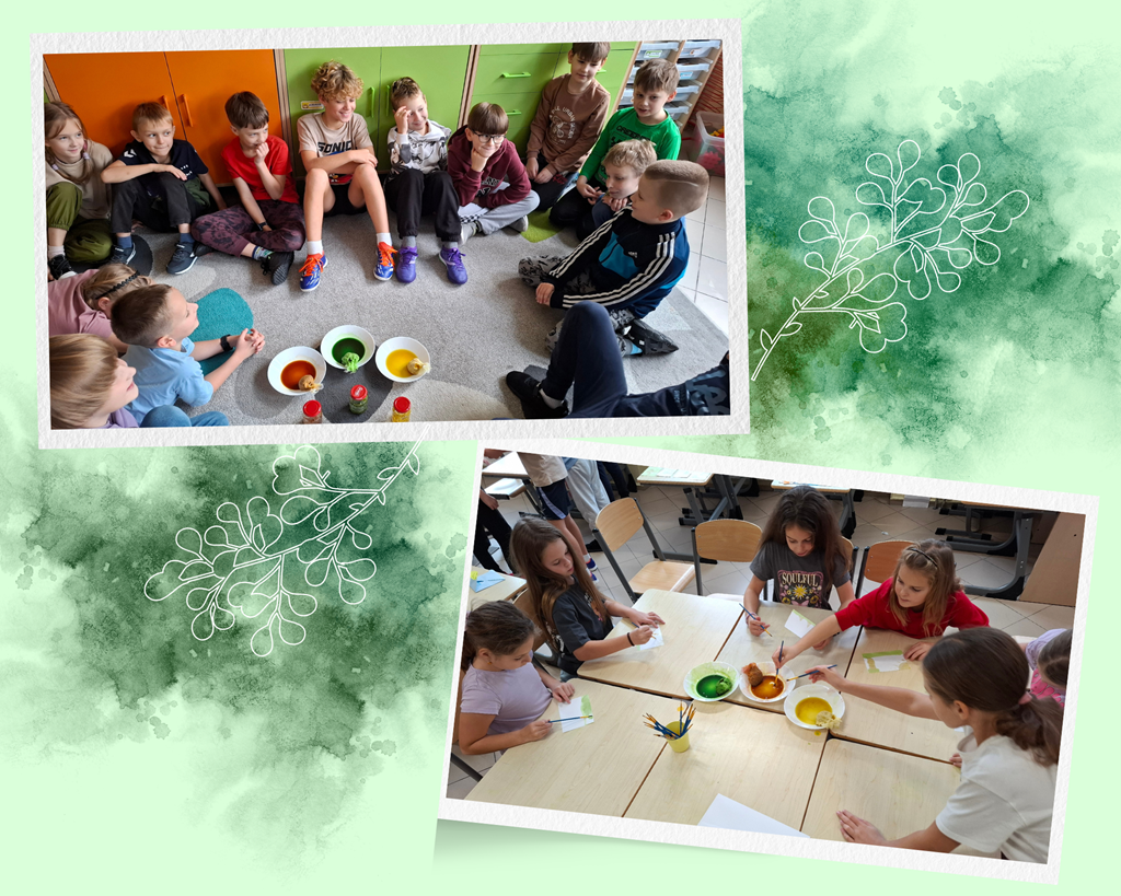 Dzieci rozmawiają o barwnikach a następnie malują nimi obrazki.