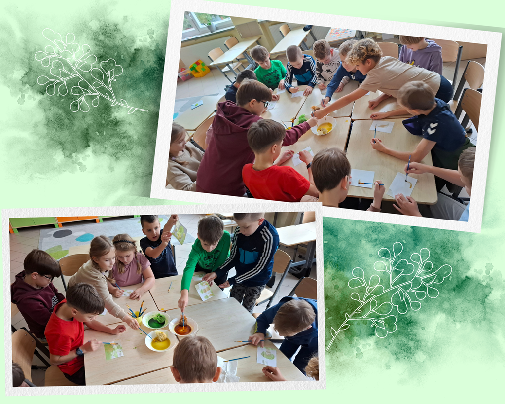 Dzieci siedzą przy stolikach i malują obrazki.