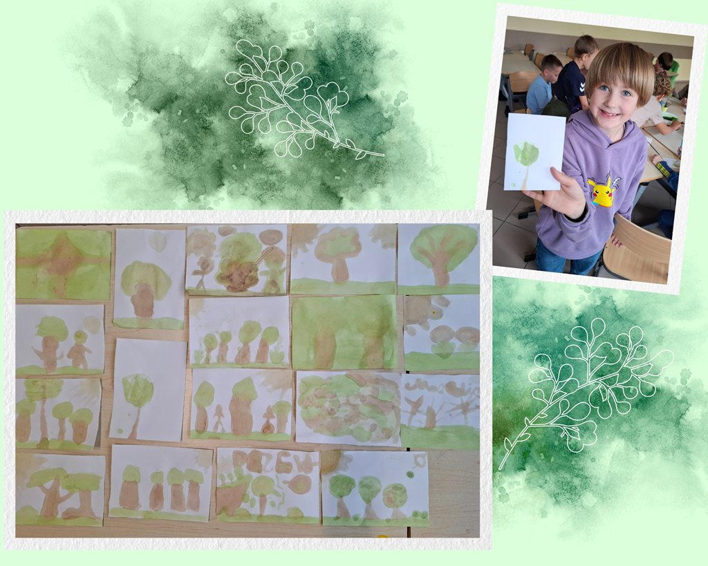 Prace dzieci na gazetce oraz chłopiec prezentuje swój obrazek.