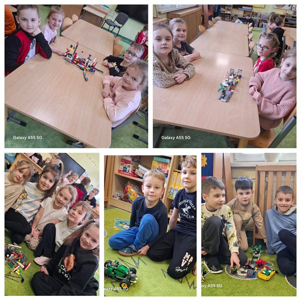 kolaż zdjęć - dzieci ze swoimi pracami z klocków LEGO