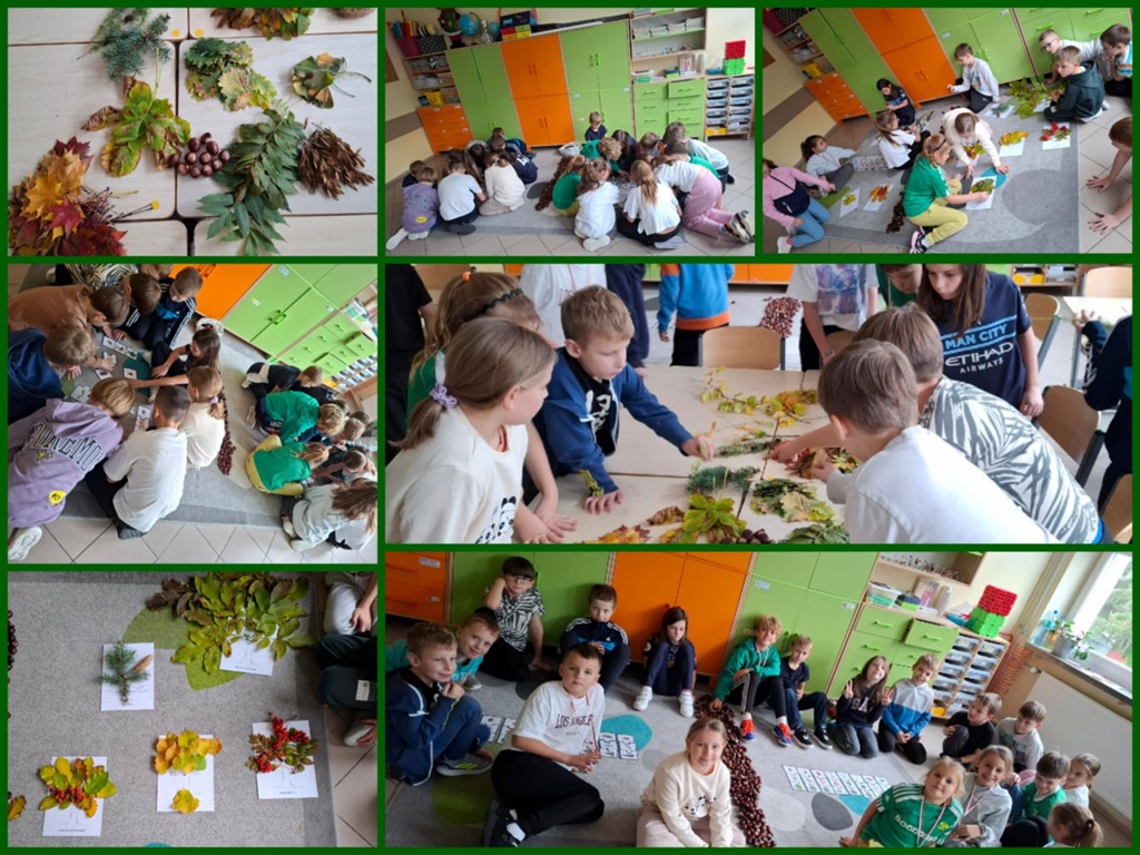 Dzieci na dywanie, pracują w grupach, układają puzzle, tworzą drzewa z naturalnych liści.