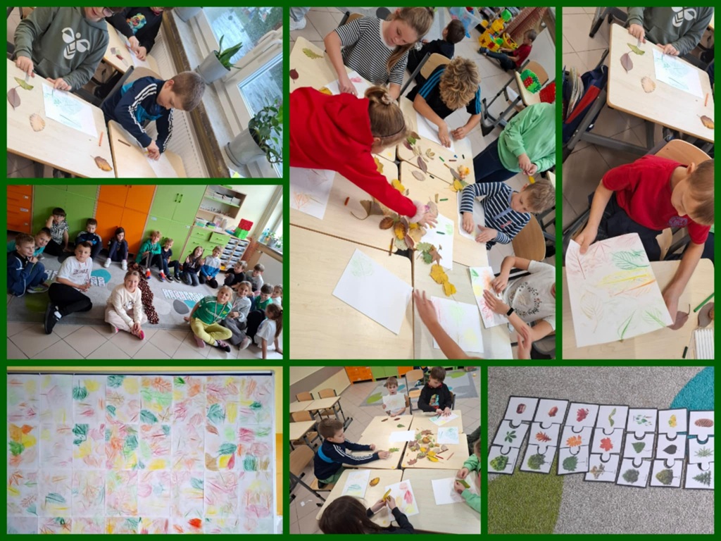 Dzieci przy stolikach, wykonują frotaż liści, tworząc odciski różnych kształtów i faktur liści na kartkach.