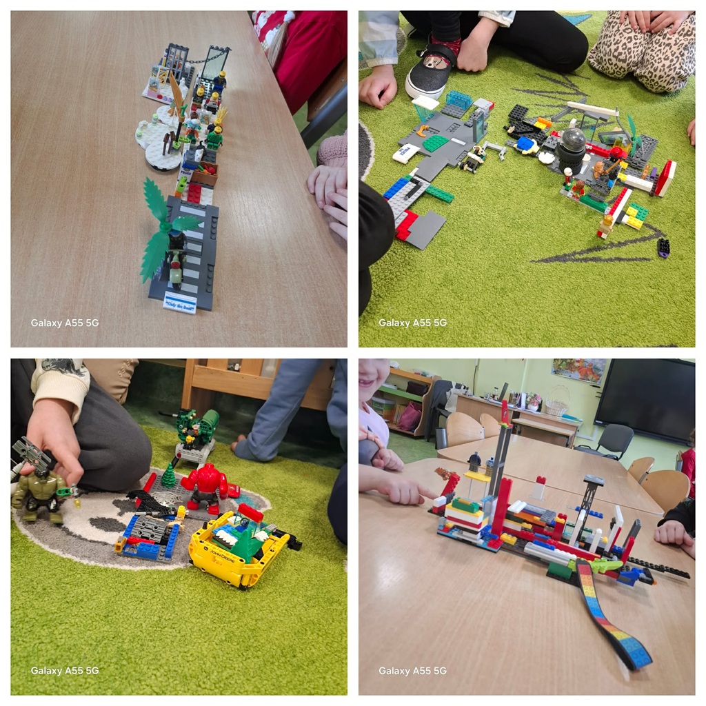 kolaż zdjęć - budowle uczniów z klocków LEGO