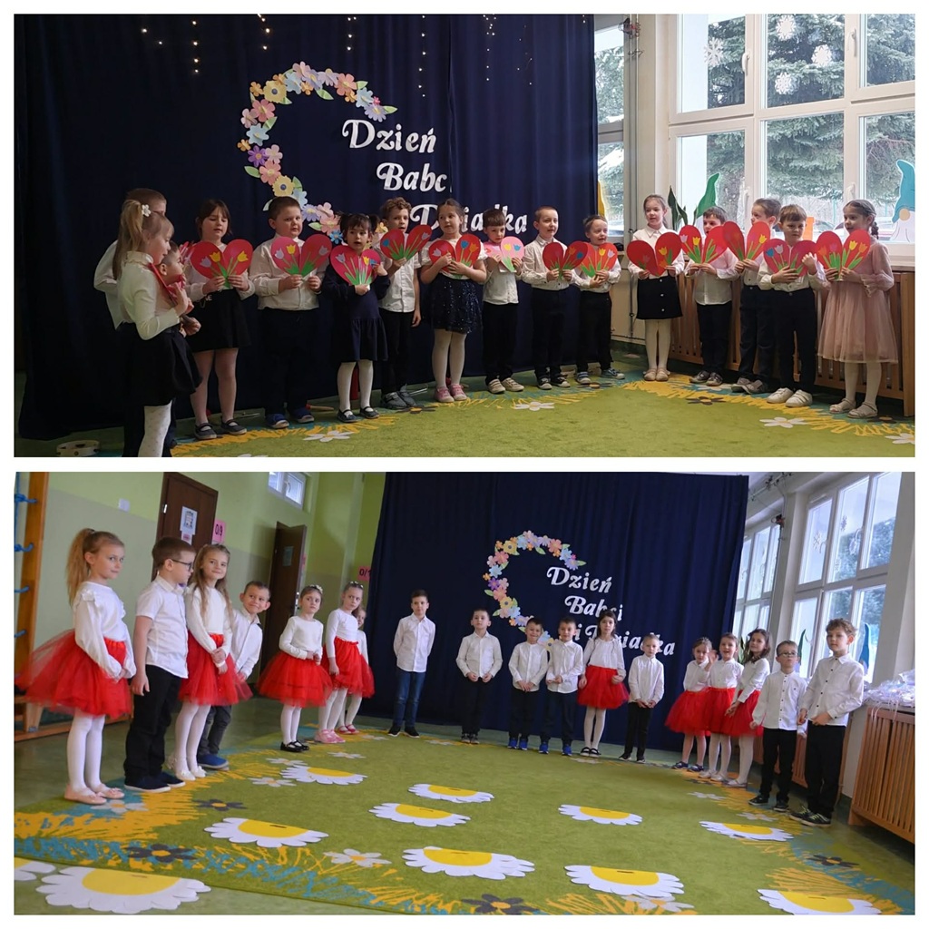 kolaż zdjęć - uczniowie biorący udział w przedstawieniu