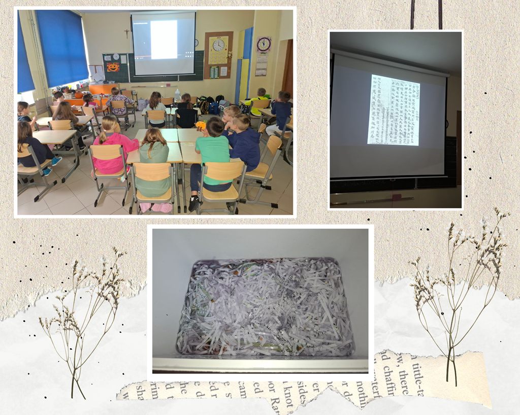 Kolaż zdjęć: dzieci oglądają prezentację w klasie, namoczone paski papieru do wykonania papieru czerpanego.