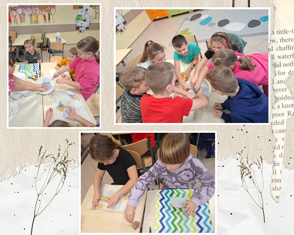 Kolaż zdjęć: dzieci siedzą przy stolikach, poznają masę papierową za pomocą zmysłów.