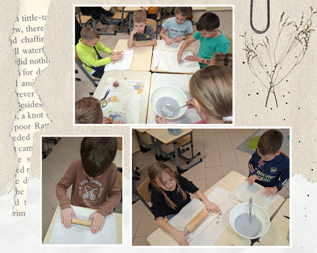 Kolaż zdjęć: dzieci siedzą przy stolikach, formują i ozdabiają własnoręcznie wykonany papier czerpany.