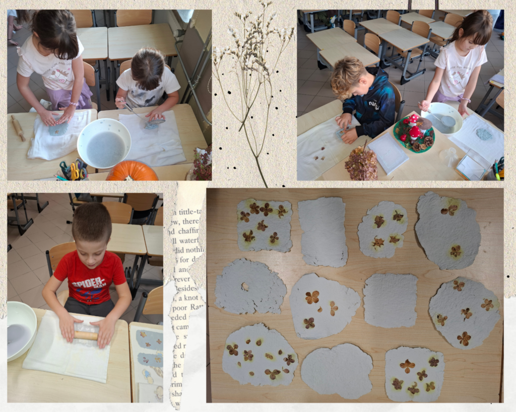 Kolaż zdjęć: formują i ozdabiają własnoręcznie wykonany papier czerpany, odciskają nadmiar wody, prezentacja gotowych papierów.