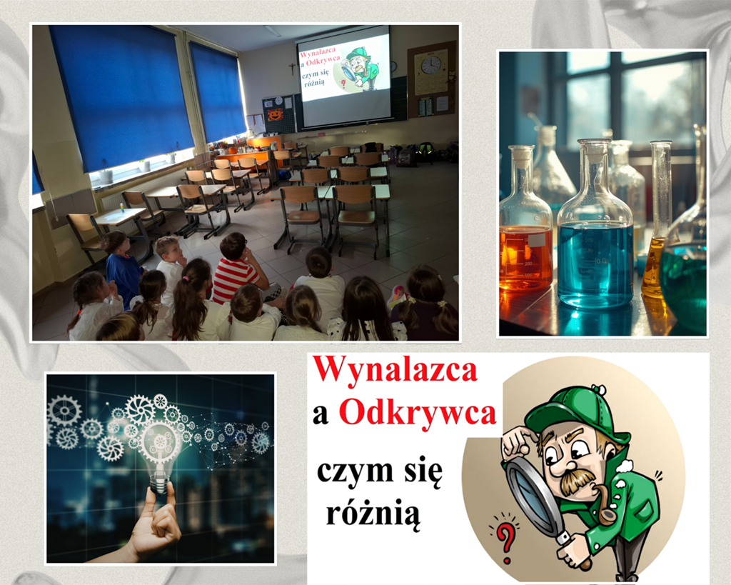 Kolaż zdjęć: dzieci oglądają prezentację w klasie, ilustracje laboratoriów i pomysłów oraz grafika detektywa z lupą.