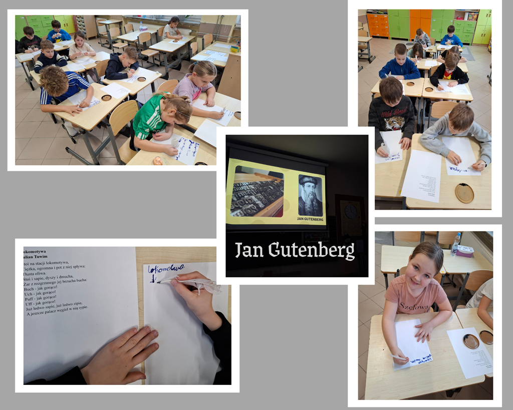 dzieci oglądają film o Janie Gutenbergu i historii druku, siedzą przy stolikach, przepisują tekst za pomocą pióra i atramentu