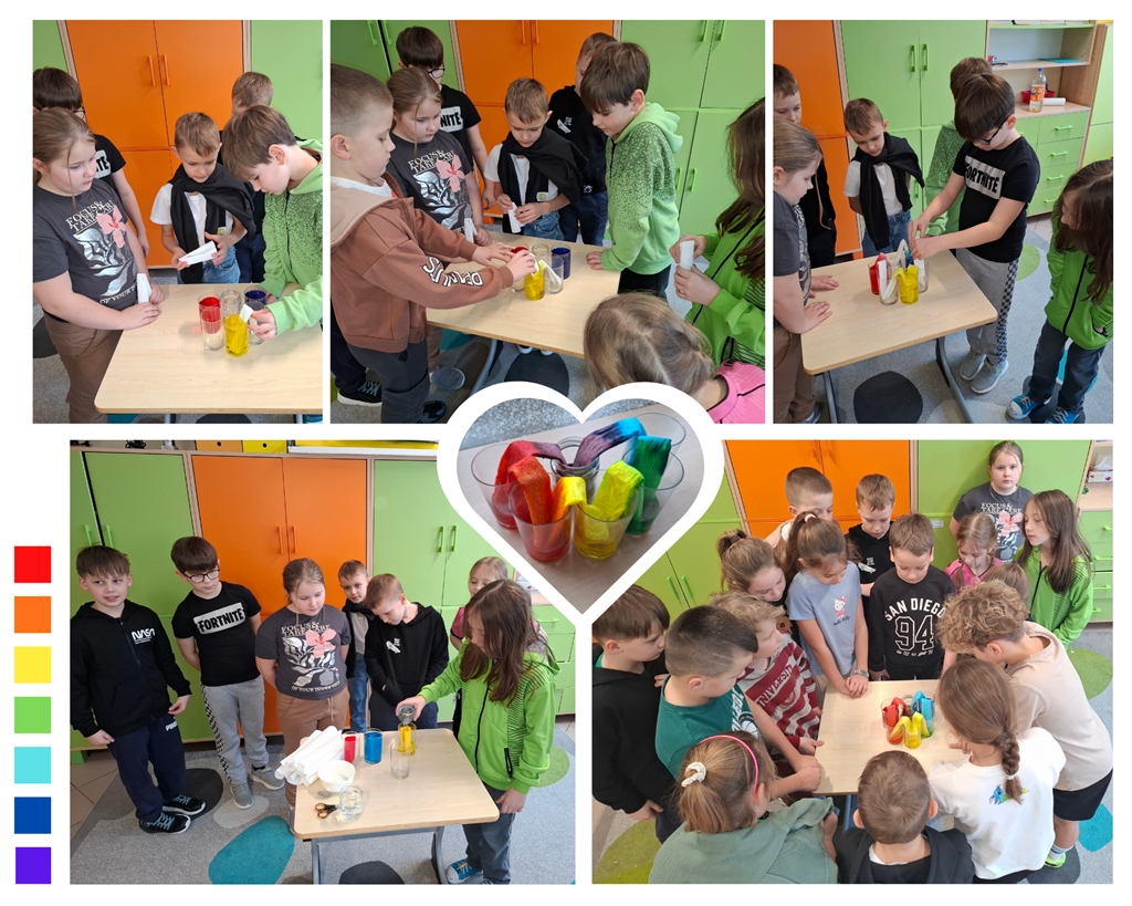 Kolaż zdjęć: Dzieci ustawiają szklanki z kolorową wodą i łączą je papierowymi mostkami, obserwując proces mieszania się barw.