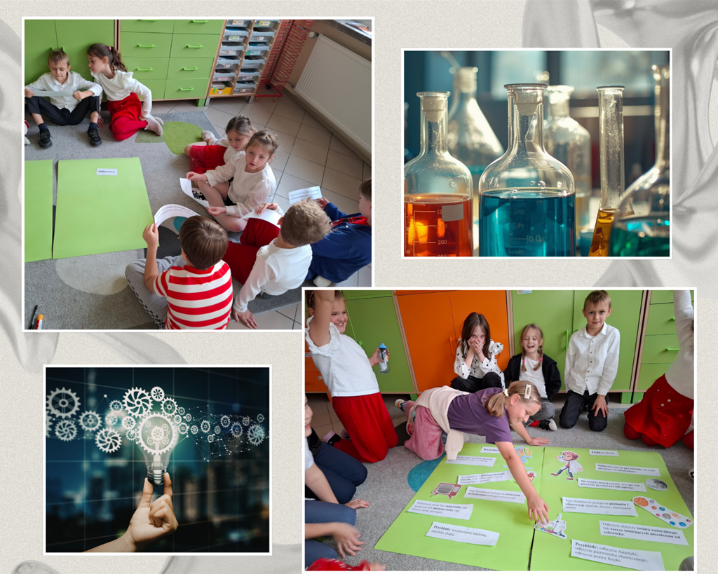 Kolaż zdjęć: dzieci pracują w grupach nad plakatem , dopasowują opisy i ilustracje; grafiki laboratoriów i symbol żarówki jako pomysłu.