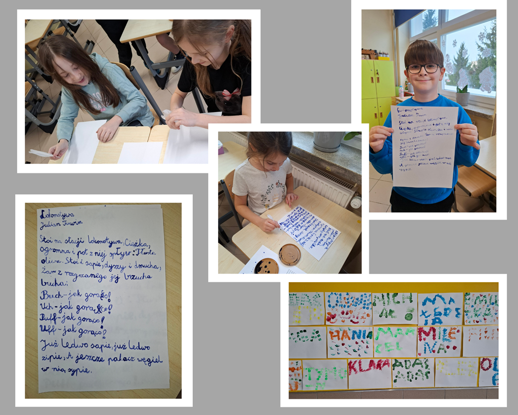 Kolaż zdjęć: praca przepisana piórem, chłopiec z przepisanym tekstem, wystawa prac wykonanych za pomocą stempli