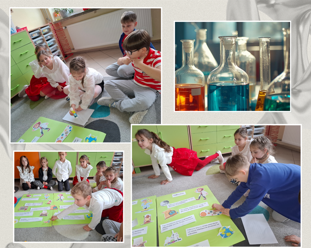 Kolaż zdjęć: dzieci wspólnie tworzą plakat, naklejają ilustracje i opisy; obok zdjęcie laboratoryjnych kolb z kolorowymi cieczami.