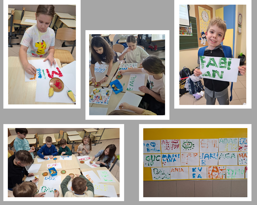 Kolaż zdjęć: dzieci siedzą przy stolikach, wykonują prace za pomocą stempli, prezentacja prac.