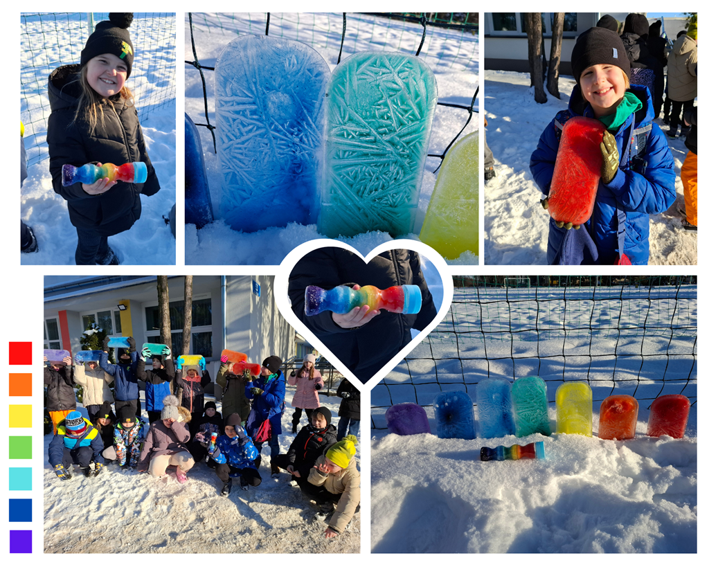 Kolaż zdjęć: Grupa dzieci na śniegu prezentująca duże, kolorowe bryły lodu oraz zbliżenia na zamrożone, tęczowe kolory przenikające przez lód.