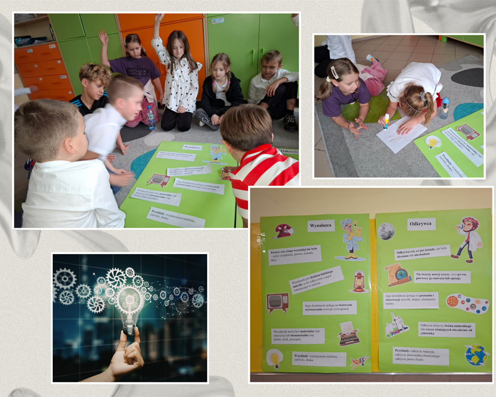 Kolaż zdjęć: dzieci wspólnie wykańczają plakat, plakat wisi na ścianie, symbol żarówki jako pomysłu.