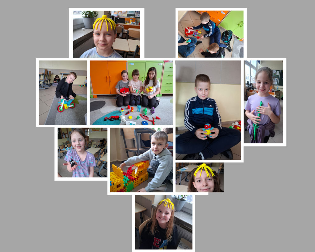 Kolaż zdjęć: dzieci bawią się przedmiotami z drukarki 3d.