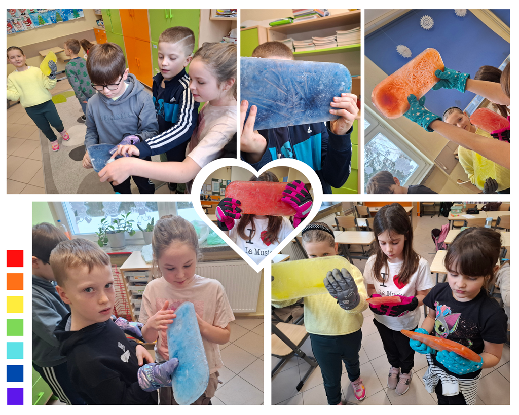 Kolaż zdjęć: Uczniowie w sali lekcyjnej trzymają kolorowe tafle lodu w rękawiczkach, oglądając je pod światło i badając ich strukturę.