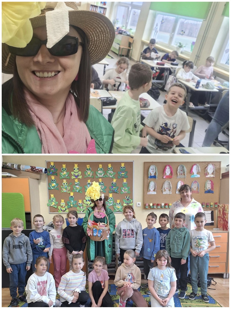 Kolaż dwóch zdjęć pani wiosny wśród uśmiechniętych dzieci. W tle prace plastyczne uczniów.