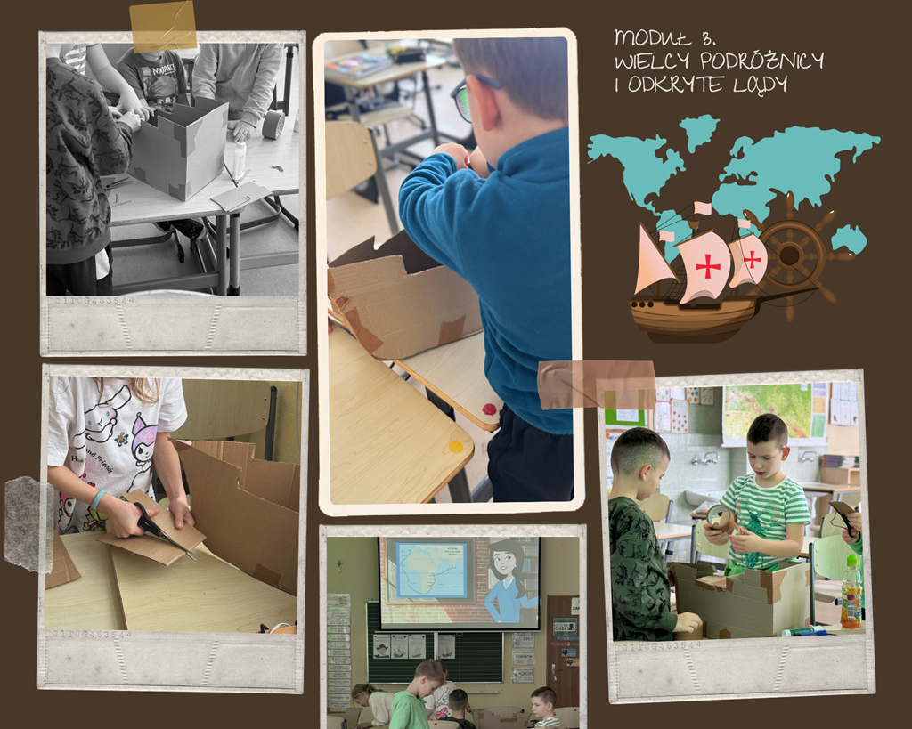 Kolaż z zajęć, dzieci wycinają i sklejają kartony, tworząc makietę statku.