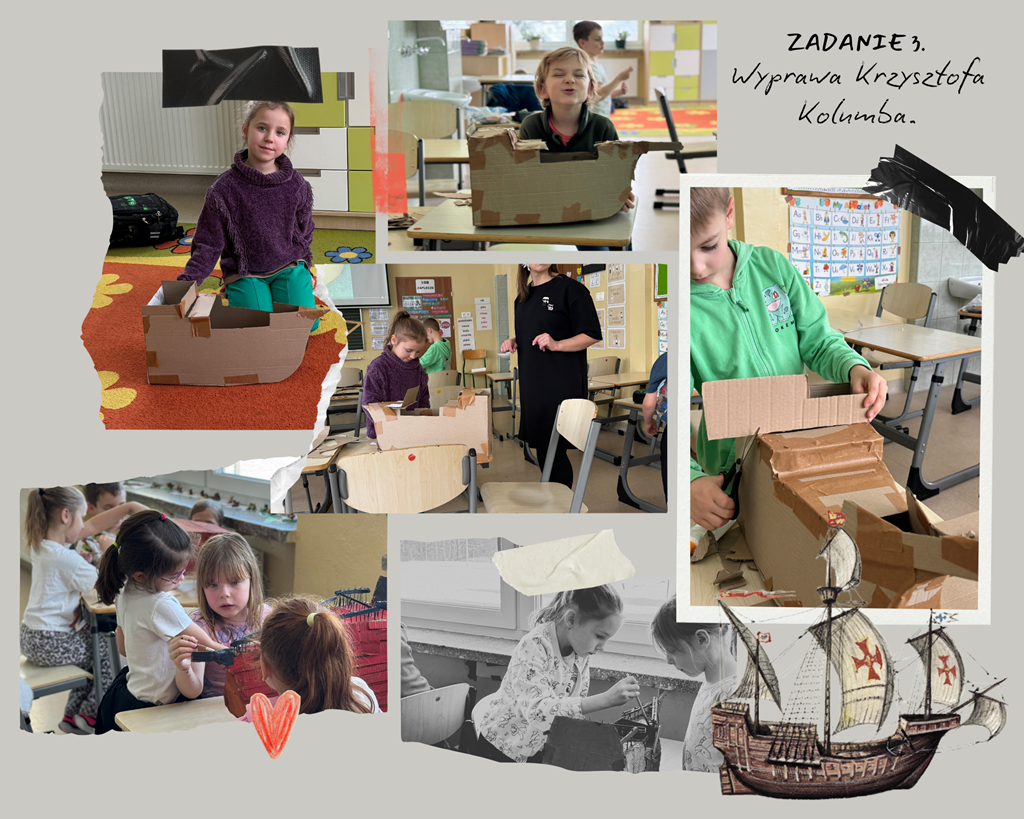 Kolaż z realizacji zadania o wyprawie Kolumba: dzieci pracują wspólnie w klasie nad projektem.