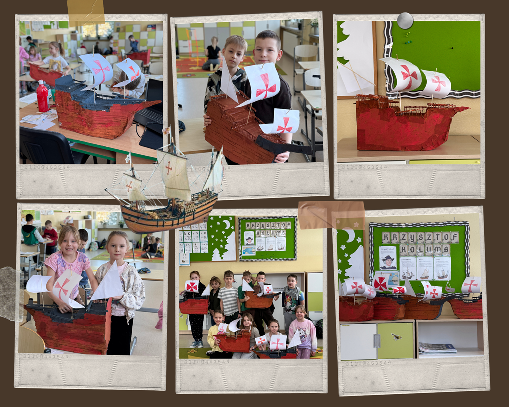 Kolaż zdjęć uczniowie i ich kartonowe modele z białymi żaglami i czerwonym krzyżem. W tle gazetka i zdjęcie grupy.