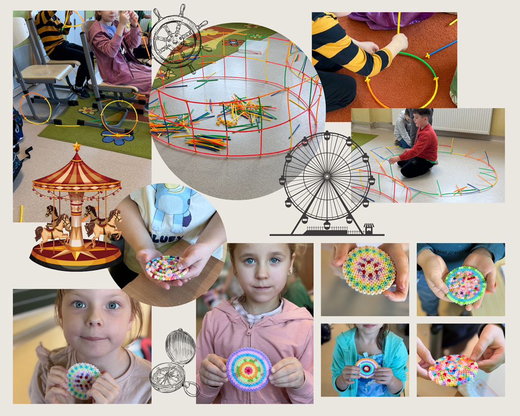 Kolaż zdjęć, uczniowie tworzą kolorowe, okrągłe prace z koralików, prezentują swoje gotowe projekty.