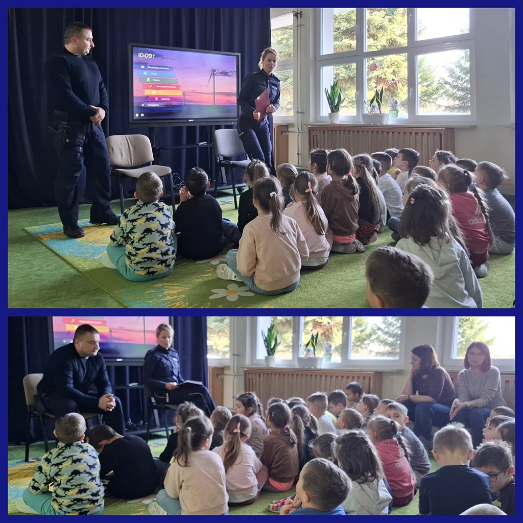 kolaż 2 zdjęć dzieci siedzące na dywanie oraz funkcjonariusze policji.