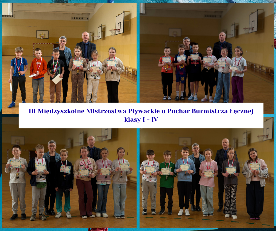 dzieci z klas 1-3 trzymają medale i dyplomy po zawodach pływackich w sali gimnastycznej; obok stoją uśmiechnięci nauczyciele.