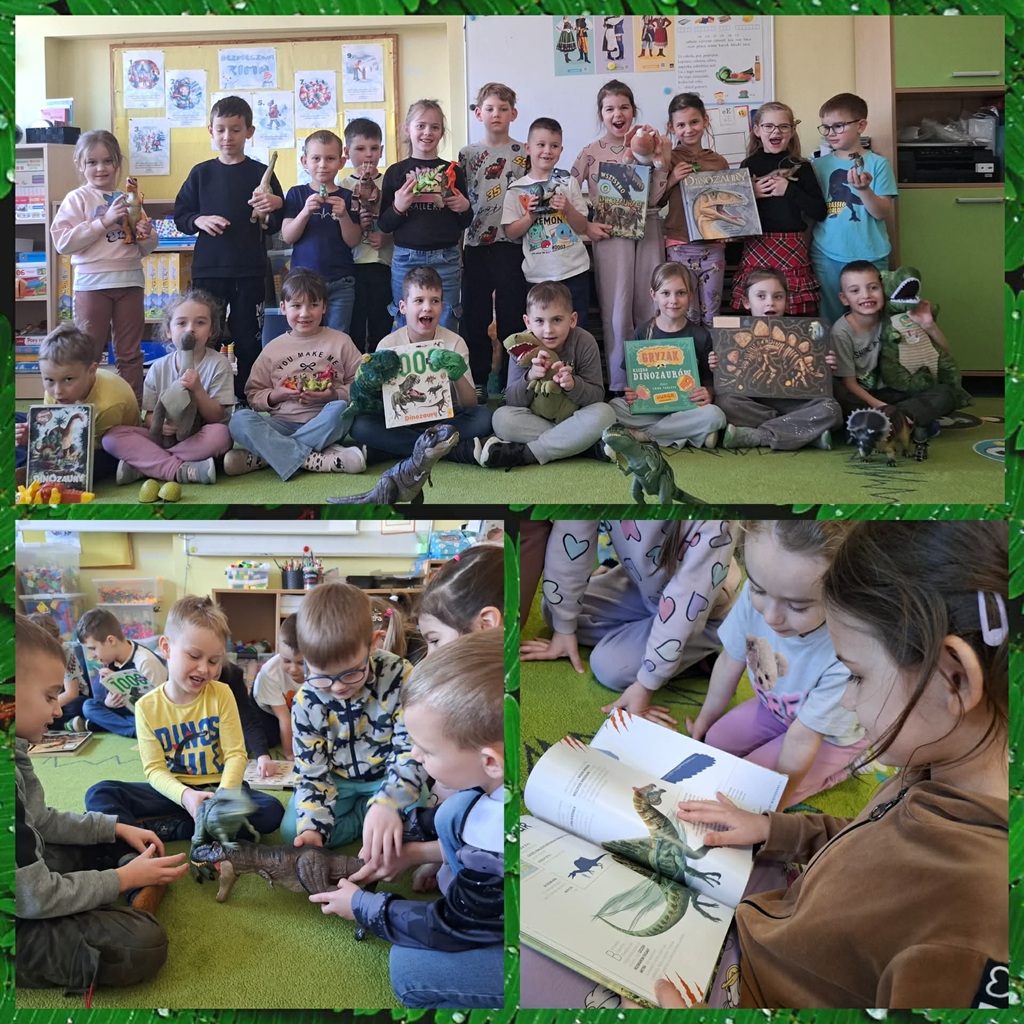 kolaż trzech zdjęć. oglądają książki o dinozaurach, czytają ciekawostki o nich, bawią się figurkami dinozaurów.