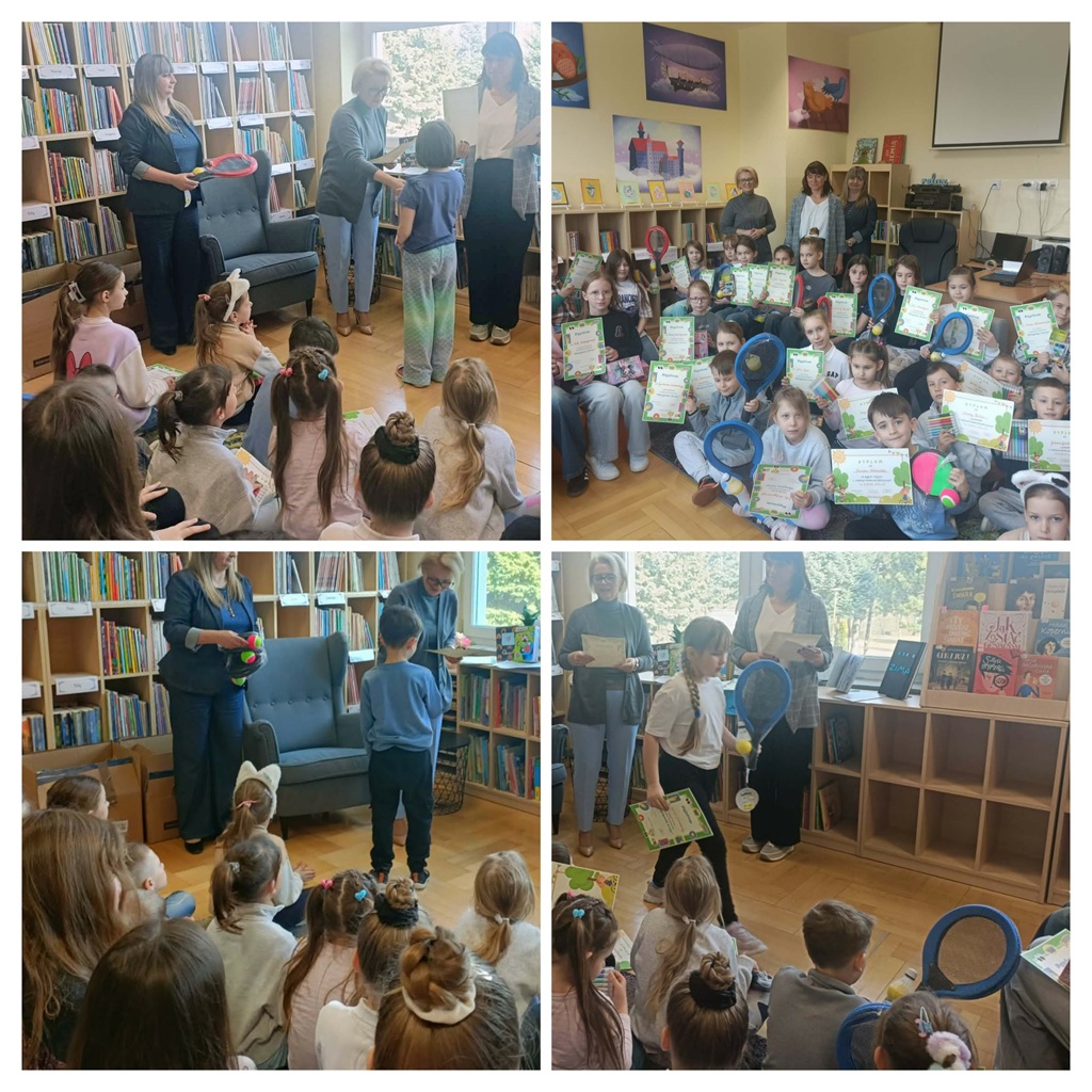 kolaż zdjęć, prace uczniów, okładki dzienniczków i rysunki dzieci, w czasie zabaw zimowych