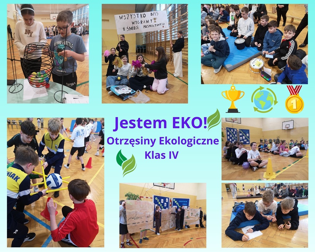 uczniowie klasy 4 e obdarowani medalami i dyplomem za zwycięstwo w rozgrywkach w ramach otrzęsin ekologicznych