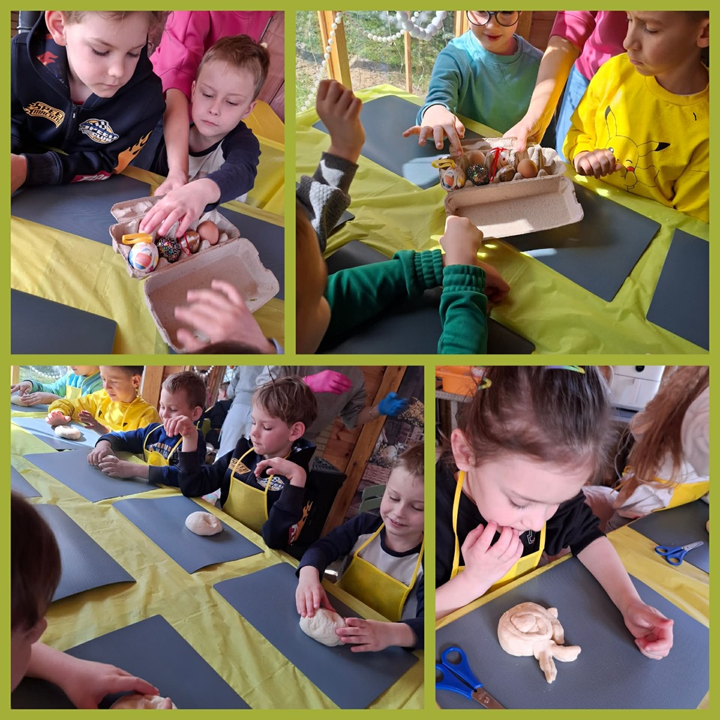 Kolaż zdjęć. Dzieci na zdjęciach oglądają pisanki, na dwóch zdjęciach dzieci formują króliczki z ciasta.
