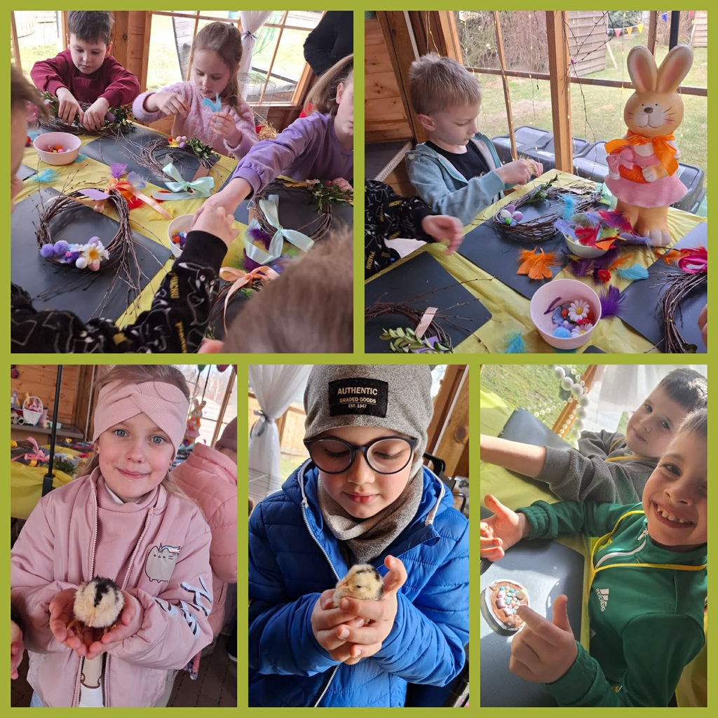 Kolaż 5 zdjęć. Dzieci na zdjęciach trzymają w dłoniach kurczaczki. Wykonują czekoladowe jajka i wielkanocne wianki.