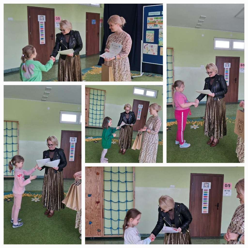 Kolaż zdjęć pani dyrektor wręcza nagrody i dyplomy dziewczynkom