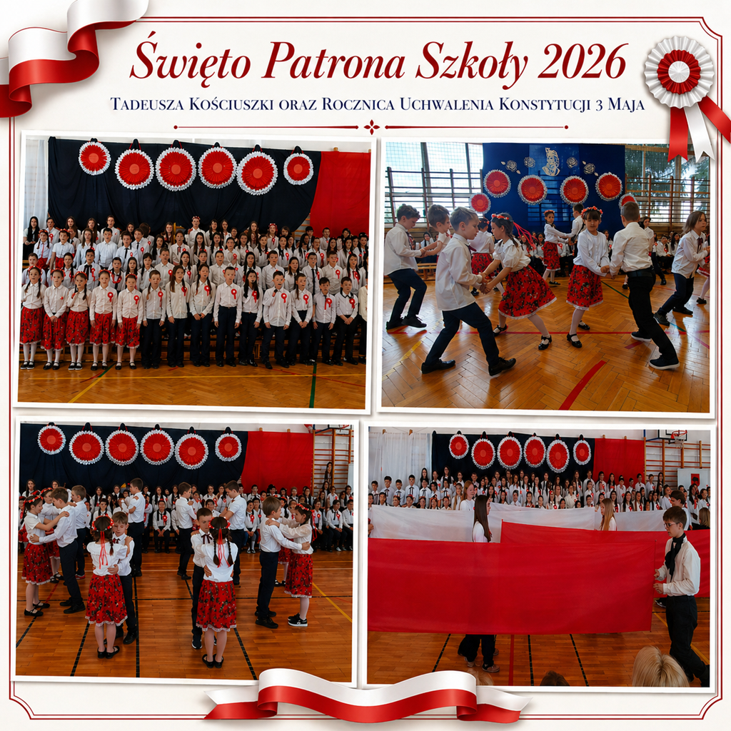 Kolaż zdjęć, chór, dzieci tańczące krakowiaka i dzieci w układzie choreograficznym z flagami