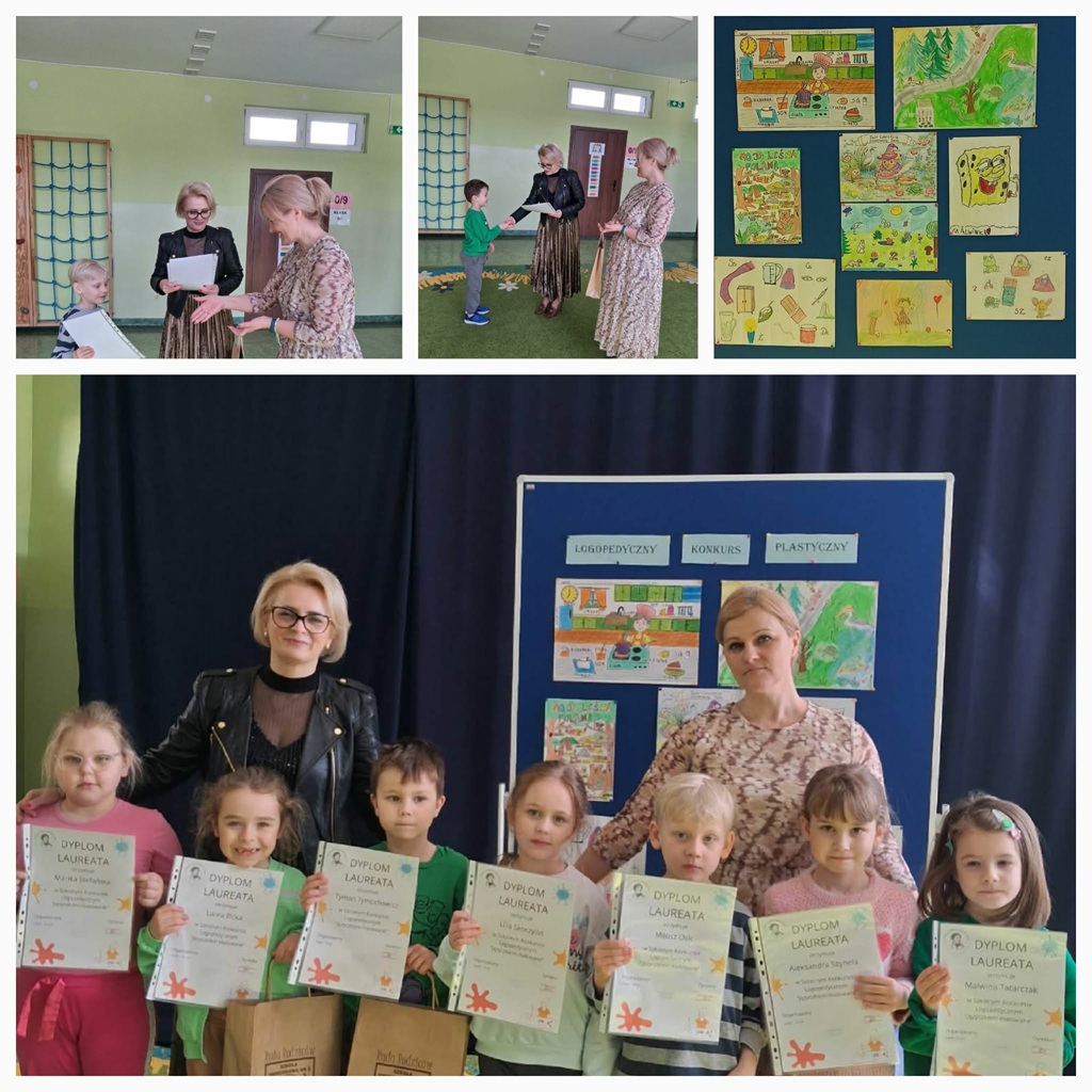 Kolaż pani dyrektor wręcza nagrody i dyplomy chłopcom, grupowe zdjęcie dzieci oraz prace plastyczne