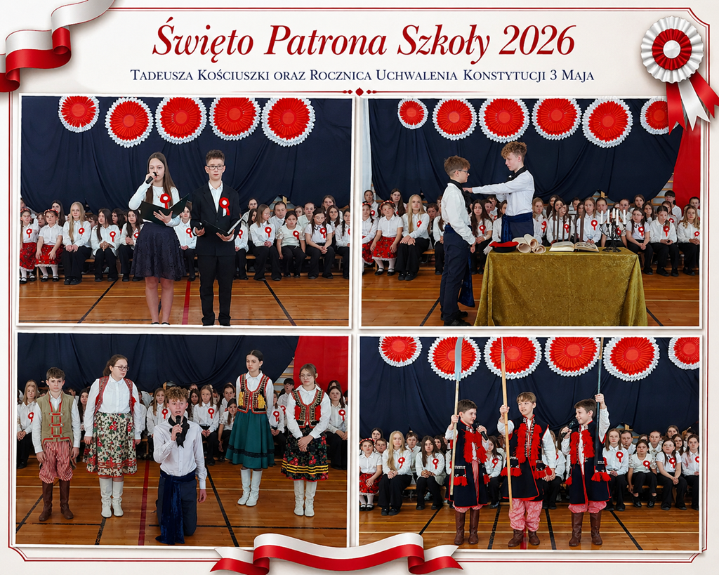 Kolaż zdjęć, prowadzący uroczystość i scenki z życia Tadeusza Kościuszki