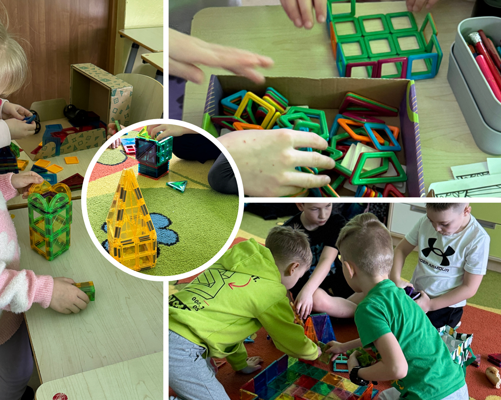 Kolaż: dzieci budują konstrukcje z magnetycznych klocków i wspólnie eksperymentują z ich łączeniem.