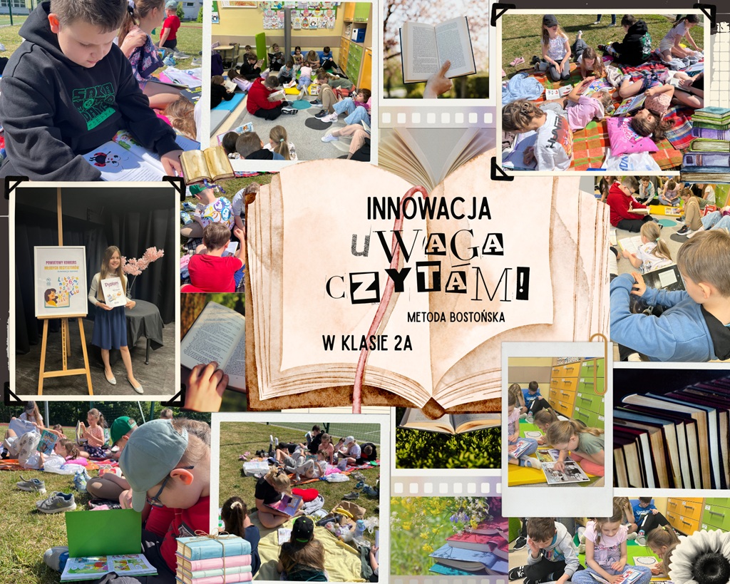 uczniowie klasy 2a, którzy czytają książki w klasie i w plenerze
